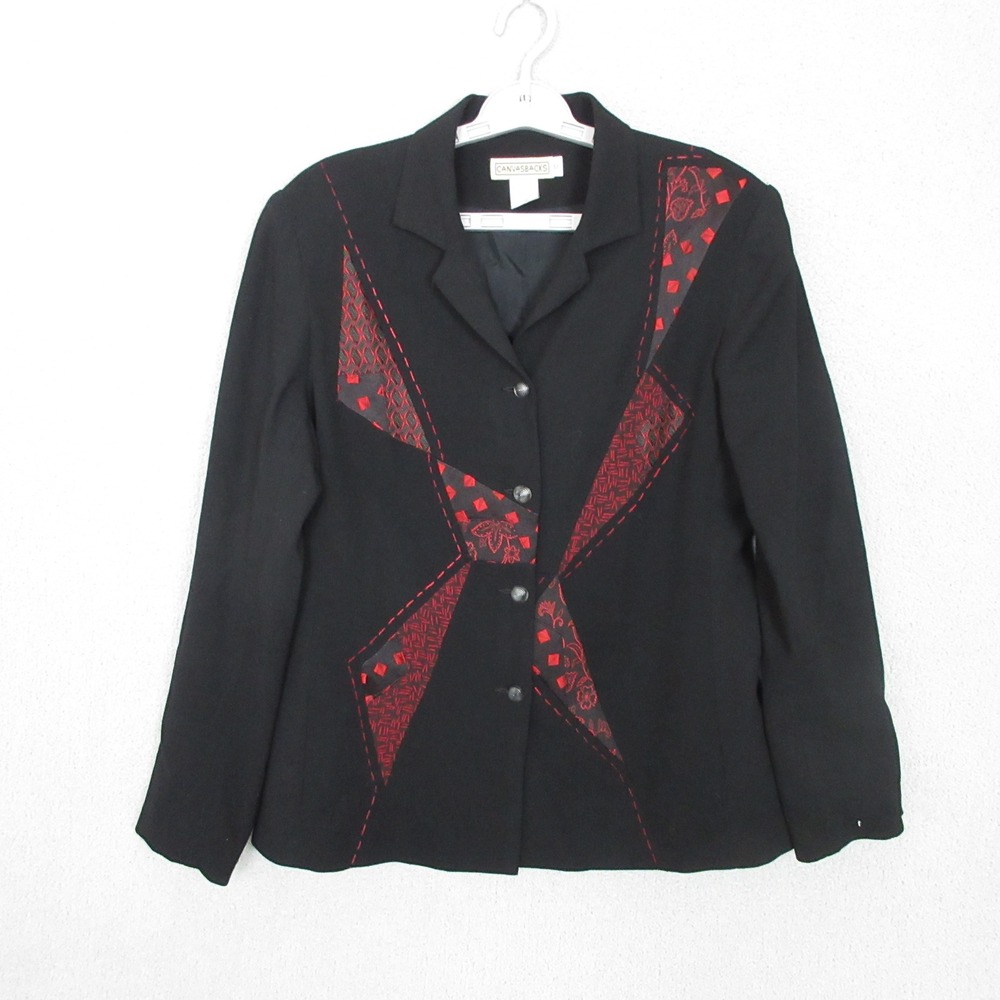 Canvasbacks Blazer Women 10 Black Red Wool Silk Patchwork Avant Garde C243005
